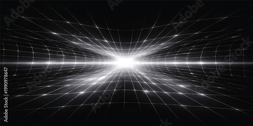 Futuristic Digital Grid Tunnel with Light Burst, Abstract Data Network Perspective, Cyber Space Warp Grid Lines, High Speed Technology Background with Copy Space