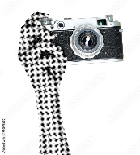 Hand holding a vintage retro camera isolated on transparent background with newspaper print texture. Concept of analog photography, classic technology and nostalgic media style