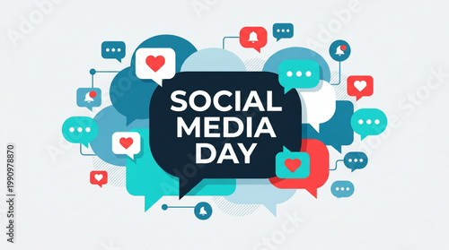 Digital communication concept with chat bubbles and reaction icons illustrating online engagement and connectivity theme for creative marketing campaign on social media day