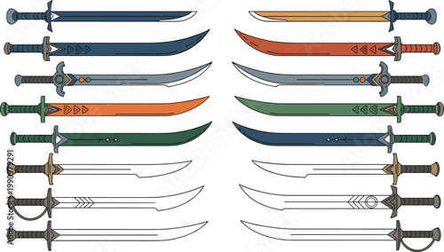 Curved sword collection with scimitar, saber and fantasy blades in flat style for game assets, medieval weapon design and RPG illustration