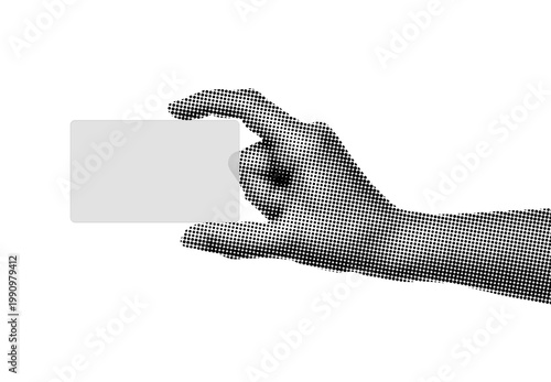 Hand holding a virtual card isolated on transparent background with vintage newspaper print texture. Concept of digital identity, business card, technology and modern communication