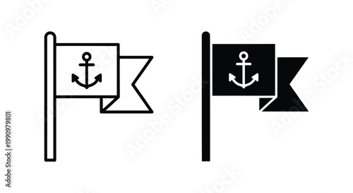 Nautical flag with anchor symbol icon set in flat and outline vector graphic design style