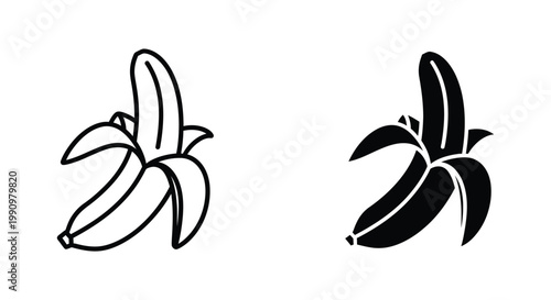 Fresh peeled banana fruit icon set in flat and outline vector graphic design style