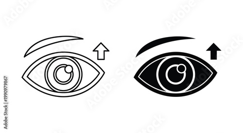 Eye inspection vector icon set with arrow in outline and solid black style for vision