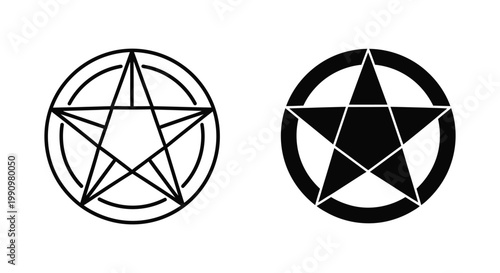 Pentagram star in circle icon set in flat vector and outline graphic style for occult art