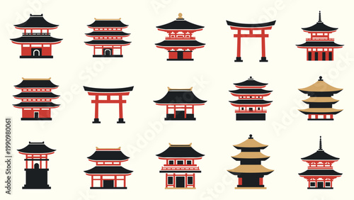 Pagoda temple shrine and torii gate icons for japanese architecture vector illustration in oriental travel design