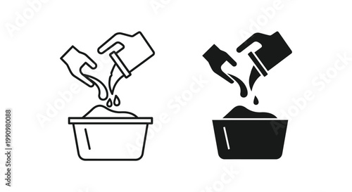 Hands pouring liquid into bowl icon set in flat vector and outline graphic style isolated