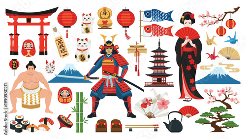 Japanese cultural icons samurai geisha sumo daruma maneki koi lantern sushi fan bamboo pagoda fuji vector illustration