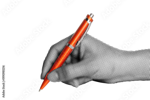 Hand holding a business pen like writing, isolated on transparent background with vintage newspaper print texture. Concept of business communication, signing documents and retro print style