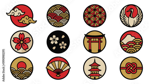 Japanese motifs crane cherry fuji torii fan pagoda wave cloud blossom knot red gold black vector illustration