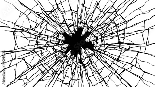 Cracked glass with a large hole in the center on a white background