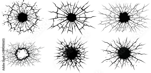 Bullet hole effects in cracked glass with various fracture patterns
