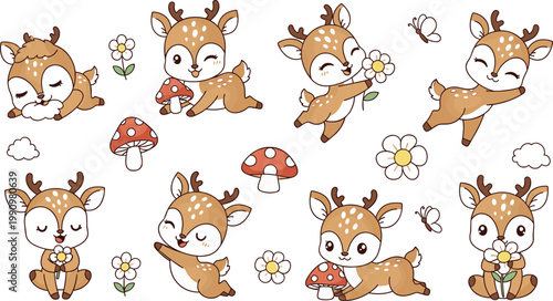 Cute baby deer cartoon set with playful poses, mushrooms and flowers illustrated in adorable woodland style for kids design