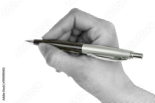 Hand holding a business pen like writing, isolated on transparent background with vintage newspaper print texture. Concept of business communication, signing documents and retro print style