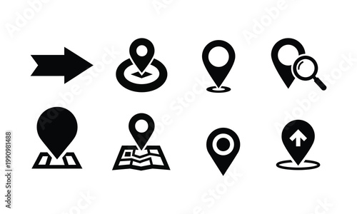 Location Pin and Navigation Icon Set with Map Markers and Direction Symbols on White Background