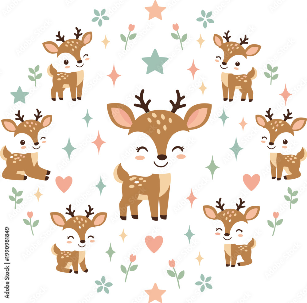 Obraz premium Cute deer characters in circular composition with stars and hearts illustrated in soft cartoon style for kids design