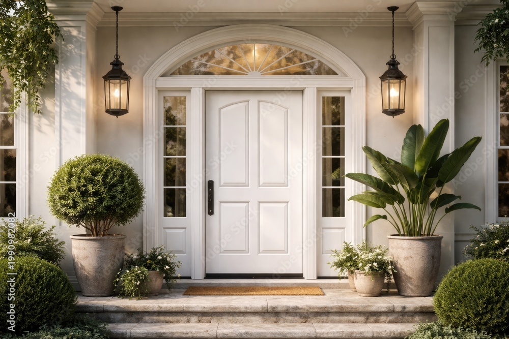 Fototapeta premium Modern front door with white finish featuring arched lunette and side windows with potted plants and hanging lantern