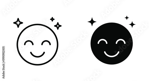 Happy smiling face emoji with stars in outline and silhouette style vector icon set