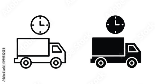 Delivery truck with clock icon in outline and silhouette style vector graphic asset