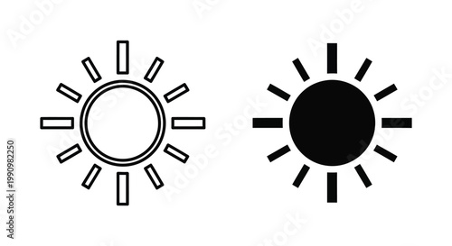 Sun symbol with rays in outline and silhouette style vector icon graphic element