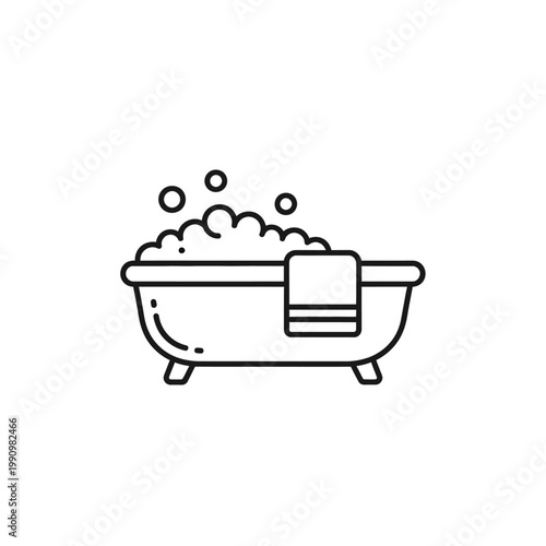 A line drawing of a bathtub with bubbles and a towel.