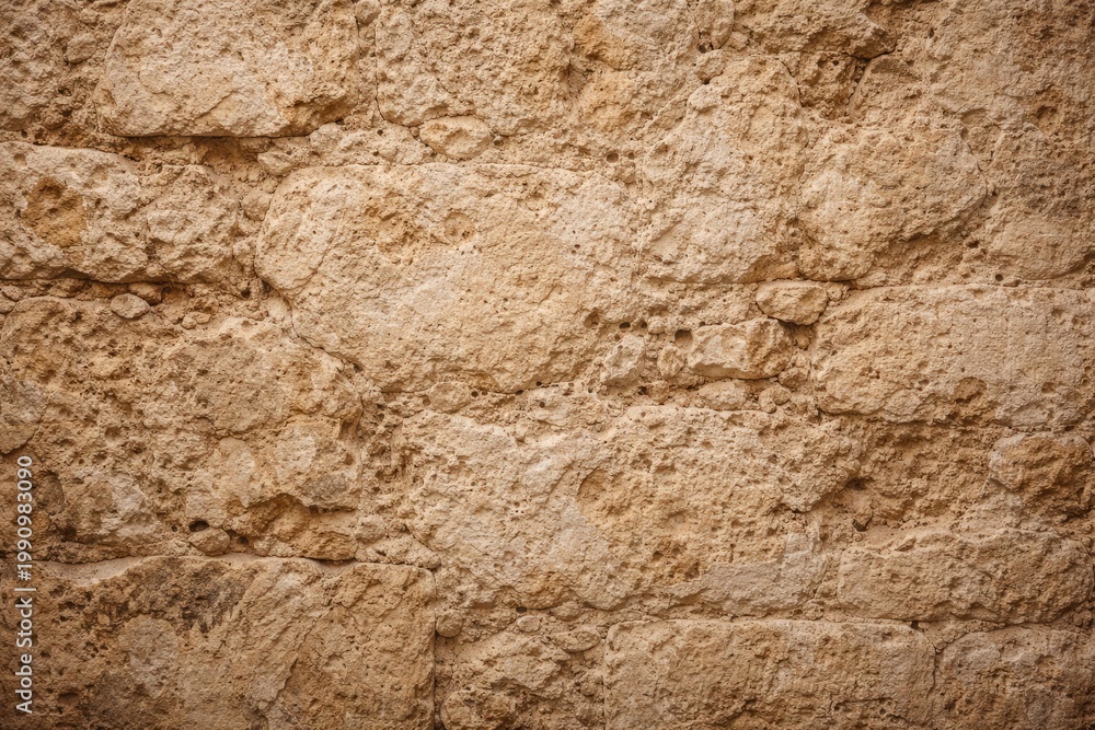 Naklejka premium Rough textured beige stone wall featuring natural patterns and aged surface