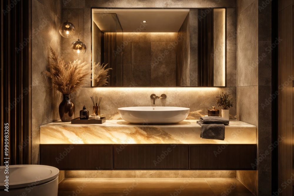 Fototapeta premium Stylish modern bathroom featuring an elegant sink atop a luminous countertop