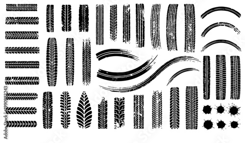 Tire tread marks vector collection with racing drift rally and off road wheel textures
