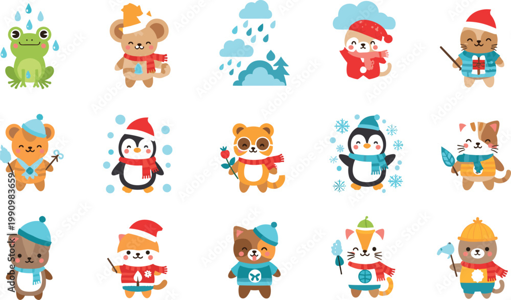 Fototapeta premium Cute winter animals set with fox, penguin, bear and cat in seasonal outfits with snow and rain elements for kids design and holiday illustration