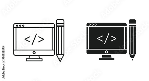 Computer monitor with code bracket icon set for software development and web coding