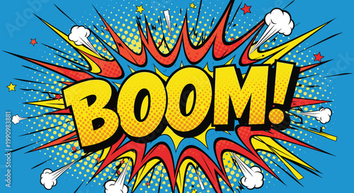 Vibrant comic book style illustration with the word boom in yellow letters on a blue background with red white and yellow explosion effects and stars, Generative AI.