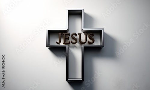 Minimalist 3D silver christian cross with gold Jesus text on a clean white wall background