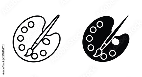 Artist paint palette with brush icon set in thin line and solid flat vector style