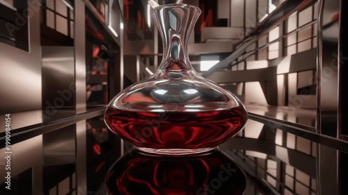 A glass decanter holding rich red liquid, centered, reflecting in glossy, geometric surfaces