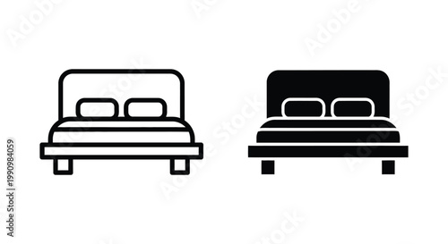 Double bed furniture icon set in thin line and solid flat vector style for hotels