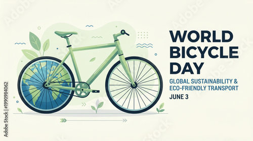 Eco transport concept illustration featuring bicycle with earth wheel and green elements symbolizing sustainable mobility awareness and environmental friendly lifestyle for global campaign use