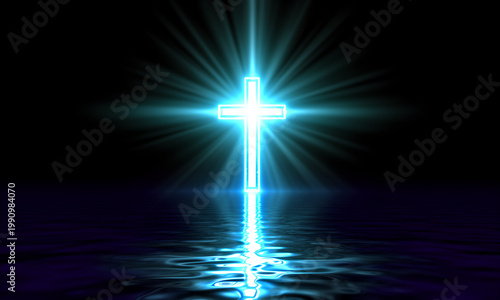 Bright glowing Christian cross with radiant light rays reflected on dark rippling water surface background