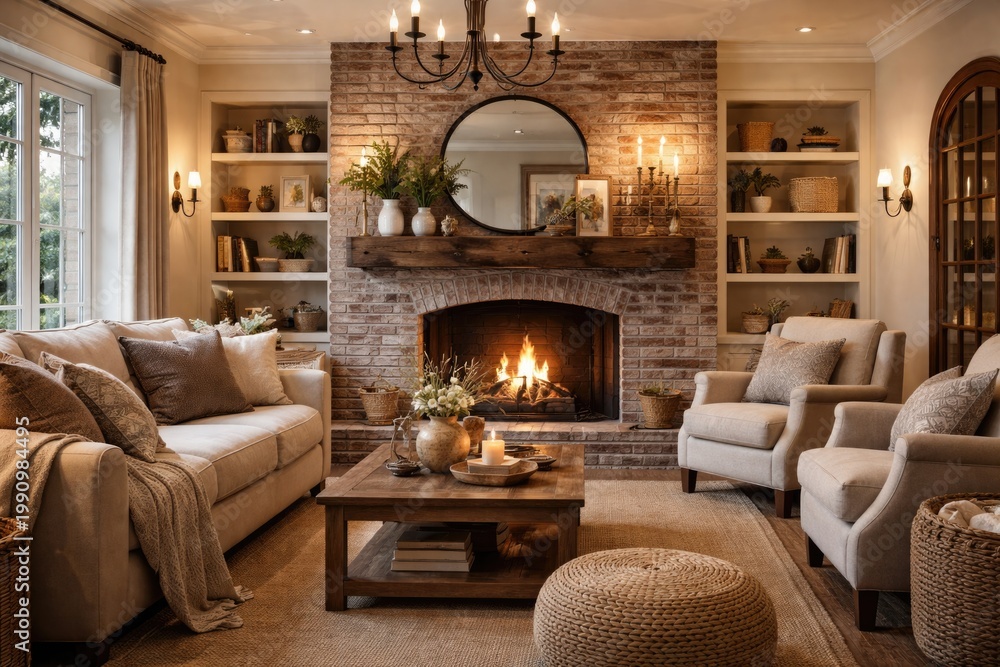 Naklejka premium Comfortable family room showcasing a brick fireplace and decorated mantel