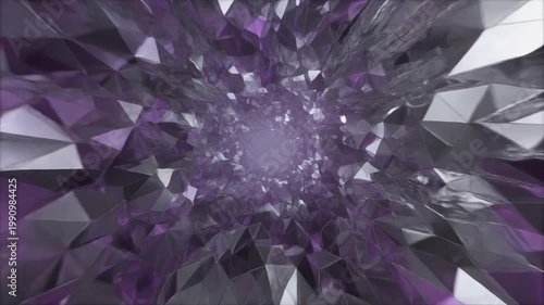 Tunnel-like abstract rendering with purple and grey faceted surfaces, leading to light