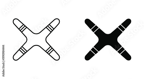 Four pronged boomerang throwing weapon vector illustration in outline and solid black style