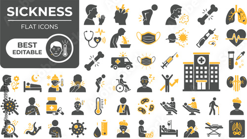 Sickness solid icon set featuring illness disease symptoms and medical care, fever headache pain cold flu virus, and hospital doctor patient treatment editable vector icons