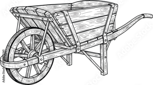 Vintage Handcrafted Wooden Wheelbarrow Vector Illustration with Detailed Grain Texture and Rustic Farmhouse Style for Gardening, Landscaping, and Agricultural Themed Graphic Projects