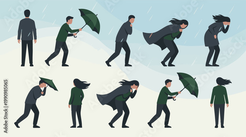 Foto Men and women struggling with stormy weather conditions and umbrellas
