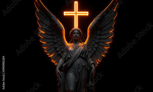 Cinematic stone angel statue with glowing neon cross and dramatic wings on solid black background