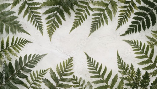 Flat Lay Fern Leaves Organic Border on Light Textured Background with Large Center Copy Space
