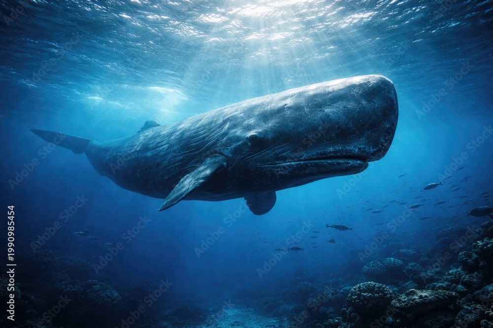 Naklejka premium Underwater scenery in blue tones showcasing a sperm whale