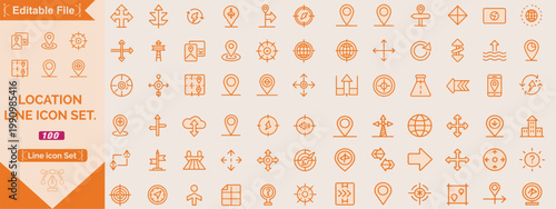 Map and location icon set. Navigation, GPS, direction, travel, route, destination, road, navigator icons. Thin line editable stroke vector illustrations.