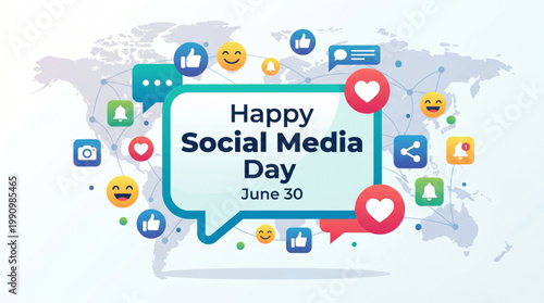 Global digital communication concept with social icons reactions and message bubbles over world map illustrating online connectivity engagement and marketing strategy theme for social media day