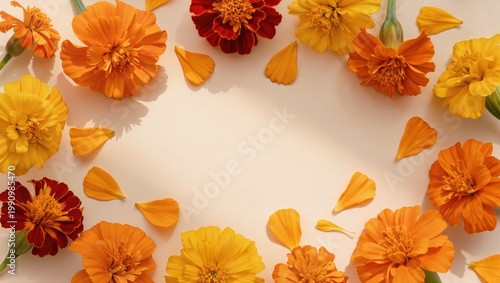 Flat Lay Marigold Flowers and Petals Border on Warm Cream Background with Center Space and Sunlight