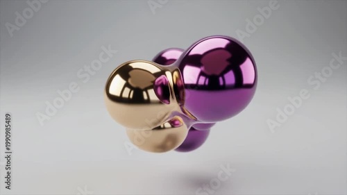 Abstract 3D rendering of interconnected, shiny metallic spheres in purple and gold hues